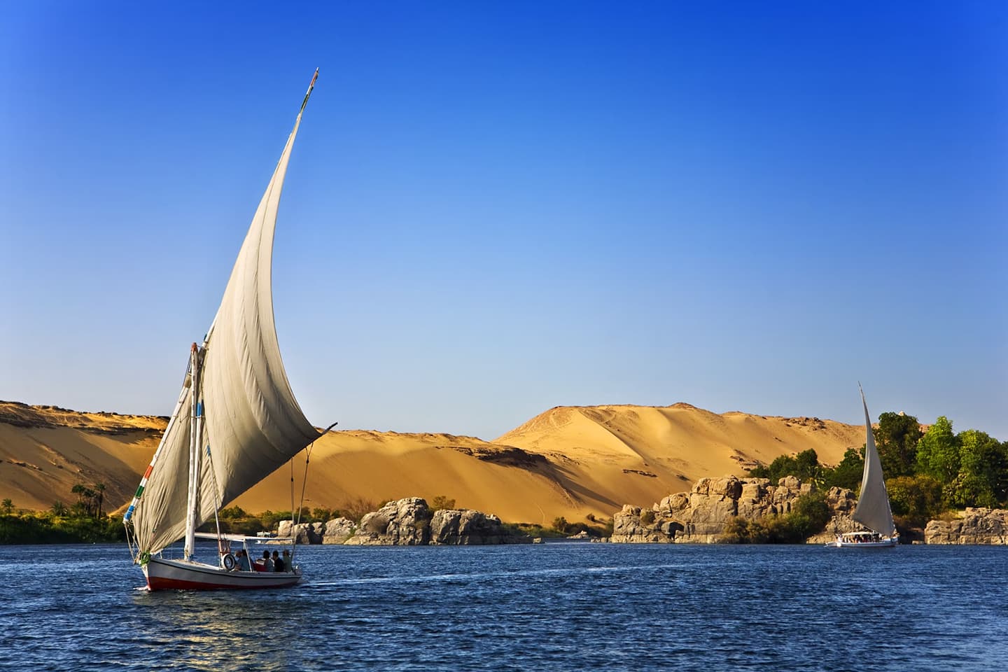Voilier sur le Nil avec une dune de sable en arrière-plan